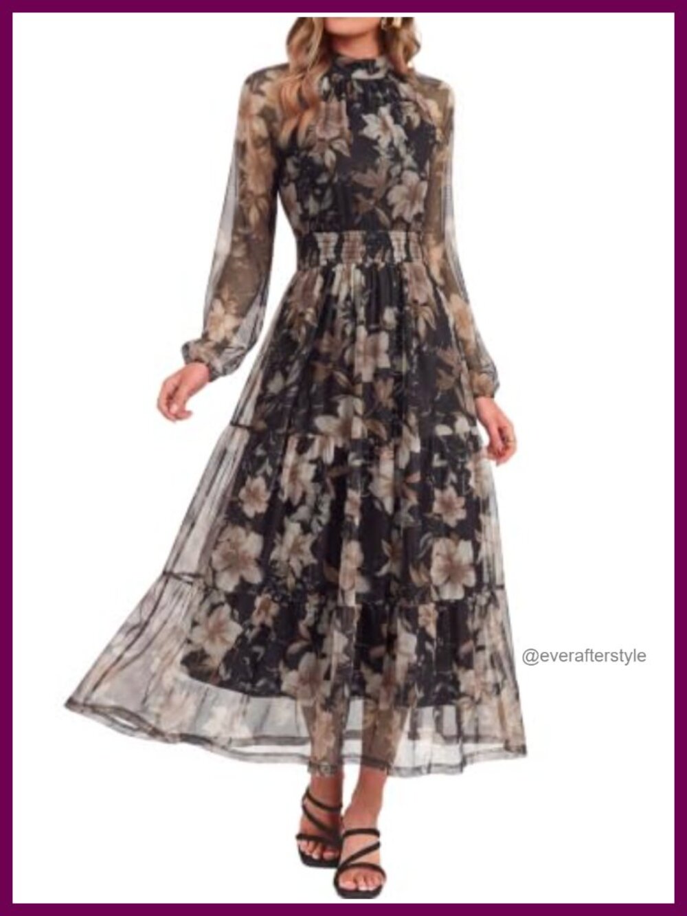 Simplee Womens Floral Mesh Maxi Dress Long Sleeve Wedding Guest Fall